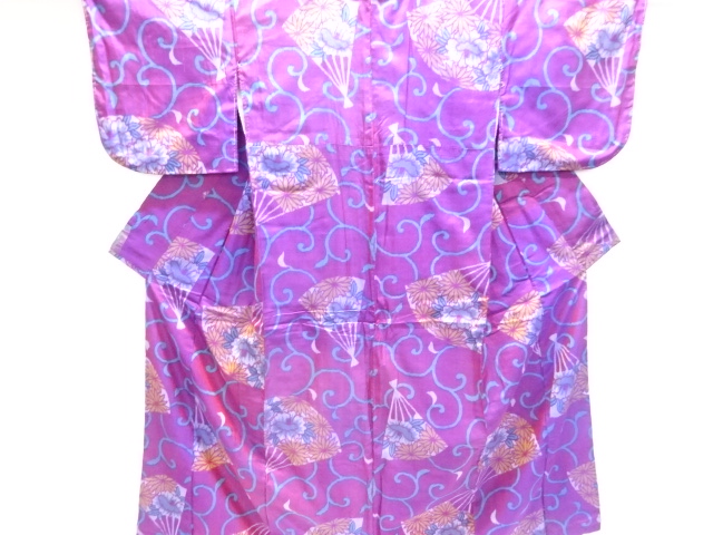 JAPANESE KIMONO / ANTIQUE KIMONO / TAISHO ROMAN STYLE / MEISEN / SILK / WOVEN FOLDING FAN & FLORAL ARABESQUE